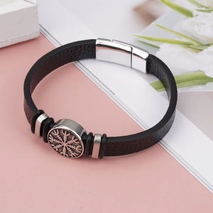 Men's braided leather bracelet with Viking symbol alloy magnetic clasp in vintage style