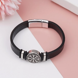 Men's braided black leather bracelet with Viking Vegvísir compass charm and silver clasp
