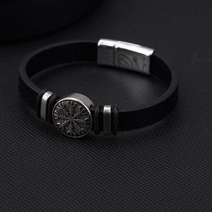 Detail of Nordic Viking compass leather bracelet with polished silver magnetic clasp closure