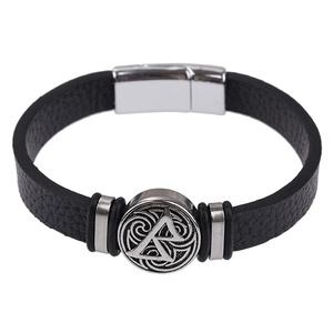 Men's black braided leather bracelet with silver geometric charm and magnetic clasp