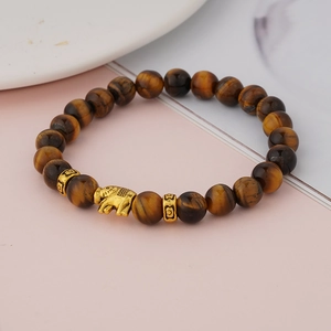 Natural Tiger Eye Stone Beaded Bracelet Golden Elephant Pendant Alloy Beads Elastic Fashion Jewelry For Men Women Daily Gift
