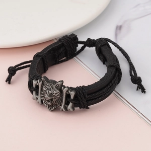 Retro punk black leather wolf head bracelet with adjustable braided rope and metal charms