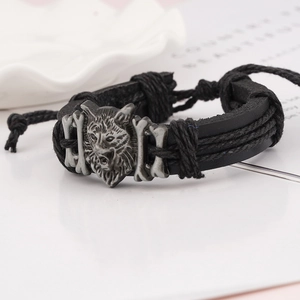 Vintage wolf head braided leather bracelet with punk style black ropes and alloy charms