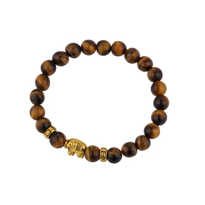 8mm Tiger Eye stone bead bracelet with vintage golden elephant charm on white background