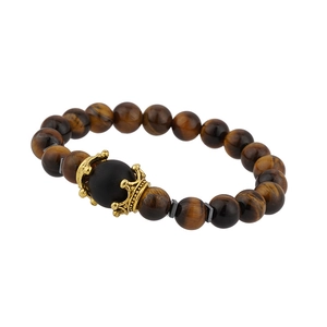 Luxury tiger eye stone crown bracelet for men with vintage brown beads and golden metal charms