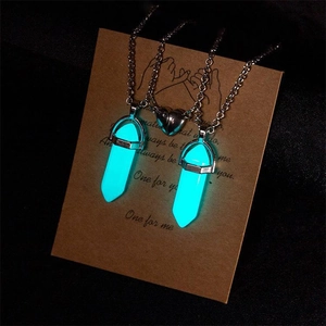 Luminous hexagonal pillar couple necklaces with blue glow and magnetic heart clasp