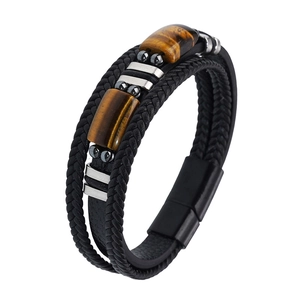 Men's multilayer leather bracelet with tiger eye stones and magnetic clasp