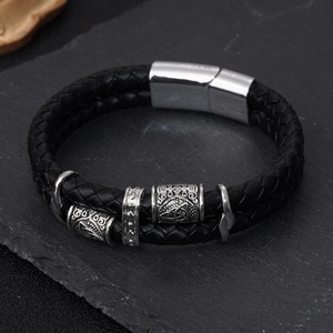 Bracelet double en cuir noir tressé avec perles nordiques et fermoir magnétique