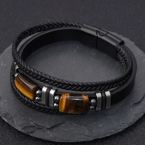 Men's Braided Leather Tiger Eye Stone Bracelet Stainless Steel Magnetic Clasp Vintage Punk Multi-Layer Wrap Bracelet Jewelry