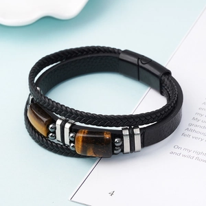 Men's double-layer braided leather bracelet featuring tiger eye stones and magnetic clasp