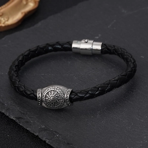 Bracelet punk en cuir tressé pour homme avec fermoir magnétique et symbole de rune nordique