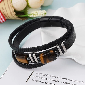 Men's double-layer leather bracelet with tiger eye stones and magnetic clasp