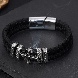 Bracelet Homme Punk en Cuir Microfibre Tressé avec Fermoir Magnétique en Alliage Croix Viking Runes Nœud Celtique Rétro Unisexe