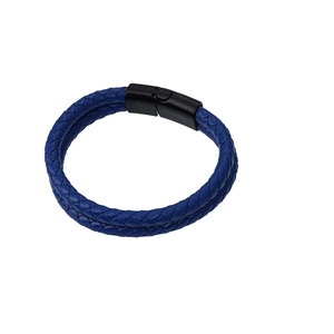 Bracelet pour homme en cuir tressé bleu avec fermoir magnétique en acier noir