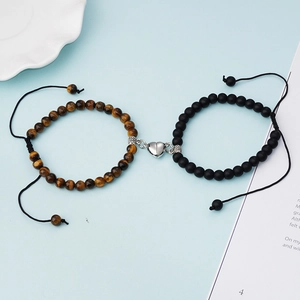 Bracelets de Couple Magnétiques en Pierres Naturelles Pendentif Coeur en Alliage Agate Oeil de Tigre Bijoux pour Amoureux