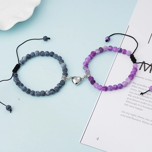 Bracelets magnétiques cœur pour couples avec perles d'agate dragon violettes et bleu-gris