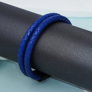 Bracelet double en cuir tressé bleu avec fermoir magnétique en acier inoxydable noir