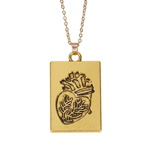 Retro gold rectangular anatomical heart relief pendant necklace with gothic aesthetic