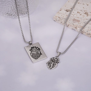 Vintage silver anatomical heart pendant necklaces set for couples with bead chain style