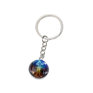 Silver metal Libra zodiac keychain featuring a glass galaxy nebula galaxy pendant