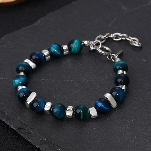Bracelet en Perles de Pierre Naturelle Œil de Tigre Acier Inoxydable Style Malachite Bijoux de Main pour Homme Femme Unisexe