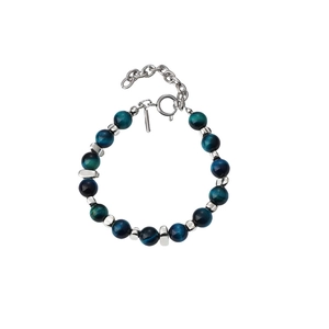 Bracelet en perles d'oeil de tigre bleu naturel avec fermoir mousqueton en acier inoxydable