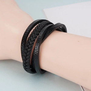 Bracelet multicouche en cuir tressé noir avec fermoir magnétique pour hommes et femmes