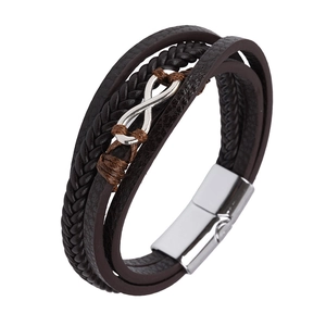 Bracelet multicouche pour homme en cuir avec symbole infini et boucle magnétique argentée