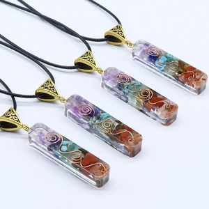 Set of four rectangular resin necklaces with colorful crushed stones and spiral copper wires
