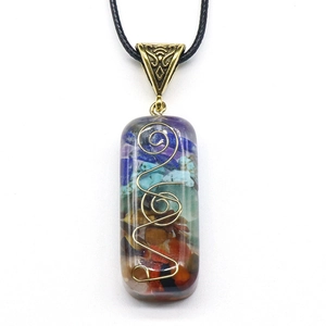Seven Chakra resin rectangle necklace with multi-color crushed stones and gold spiral