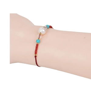 Handmade red braided bracelet with freshwater pearl and colorful beads for women