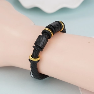 Black braided leather bracelet for men with gold metal rings and magnetic clasp