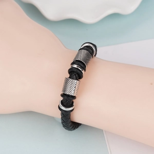 Men's multi-layer black braided leather bracelet with silver knurled magnetic alloy clasp