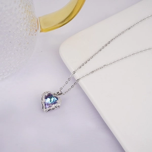 Rainbow heart crystal necklace in silver titanium steel with pave-set diamond border