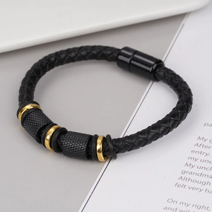 Men Braided Leather Bracelet Alloy Magnetic Clasp Geometric Metal Decorative Rings Punk Casual Wristband Jewelry For Men Gift