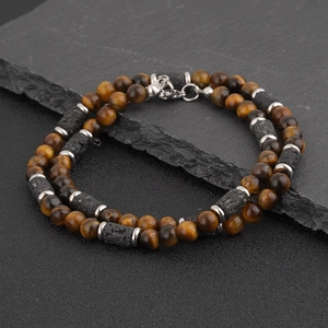 Natural Stone Beaded Necklace For Men Handmade Tiger Eye Black Agate Volcanic Lava Rock Sodalite Unisex Bohemian Jewelry