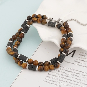 Men's double-layered beaded necklace with tiger eye and volcanic stone and lobster clasp