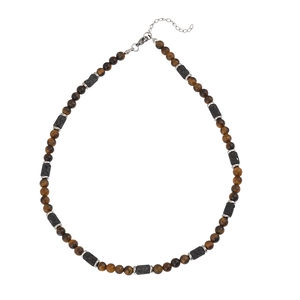 Handmade tiger eye and black lava stone beaded necklace for men with adjustable chain