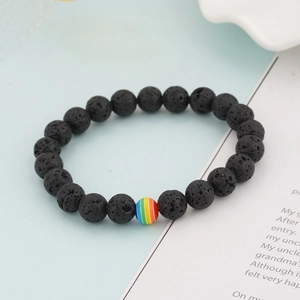 Handmade rainbow lava stone beaded bracelet for couples featuring black volcanic rock beads