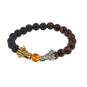 Beaded bracelet with dragon heads, lava stones, tiger eye and matte black beads