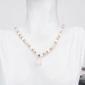 Bohemian choker necklace featuring white heishi beads and a natural seashell pendant