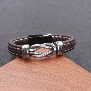 Men's titanium steel twisted leather bracelet with vintage knot and magnetic clasp