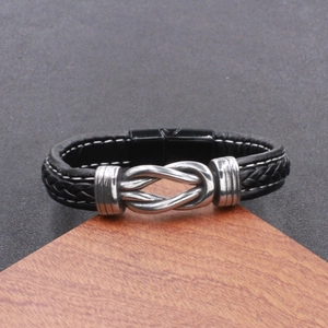 Men's black braided leather infinity bracelet with stainless steel magnetic clasp