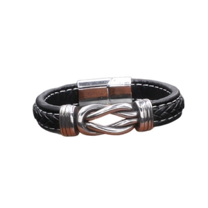 Men's black braided leather bracelet with silver metal knot and magnetic clasp