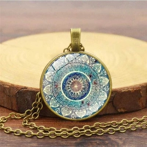 Mandala Pattern Time Gem Pendant Necklace Vintage Alloy Bohemian Round Glass Cabochon Necklaces For Women Retro Jewelry