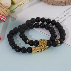 Herren Handgefertigtes Perlenarmband Set Schwarzer Mattstein Achat Löwenkopf Legierung Strass Pave Elastisches Charm Armband Schmuck