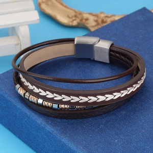 Vintage Multilayer Braided Leather Bracelet Stainless Steel Magnetic Clasp Retro Woven Bangle For Men Fashion Jewelry