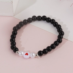 Bracelet Perlé Fait Main Avec Cœur Verre Résine Imitation Künstliche Perle Bijoux de Couple Mode Minimaliste Élastique Homme Femme