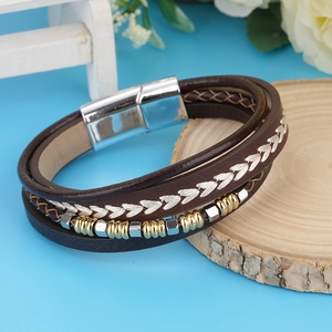 Men's multilayer leather braided bracelet with stainless steel magnetic buckle and beads