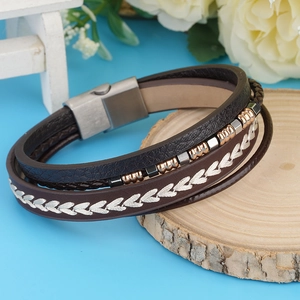 Men's multilayer braided brown leather bracelet with metal beads and magnetic clasp